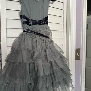 Elegant Dusty Blue Tulle Dress with Velvet Accents